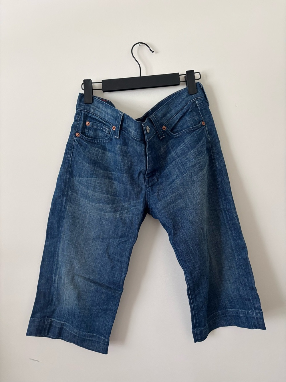 7 For All Mankind Distressed Mid Blue Relaxed Denim Shorts